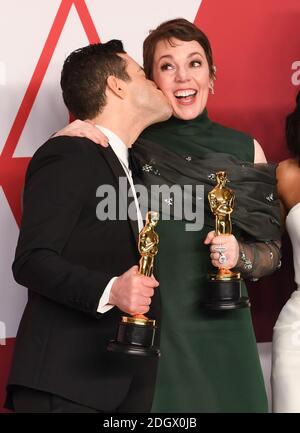Rami Malek, winner of Best Actor for 'Bohemian Rhapsody' and Olivia Colman, winner of Best Actress for 'The Favourite' in the press room at the 91st Academy Awards held at the Dolby Theatre in Hollywood, Los Angeles, USA. Photo credit should read: Doug Peters/EMPICS. Stock Photo