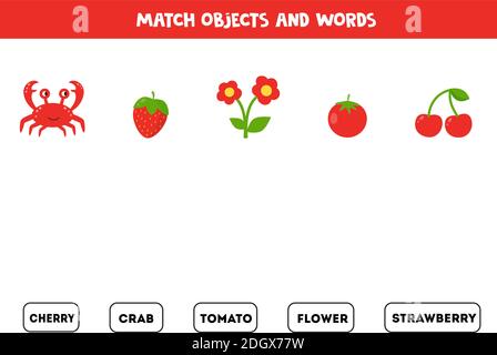 Match red objects with written objects. Educational worksheet for kids. Stock Vector