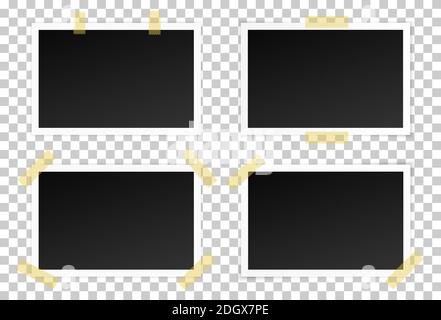 Vector set of black photo frames with various shadows. Glued with adhesive tape mock up of frames Stock Vector