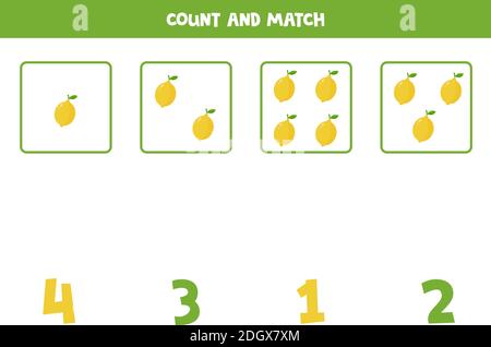 Count all lemons and match with numbers. Math game for preschool kids. Stock Vector