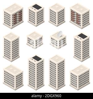 Set of isometric modern beige buildings with gray windows and solar battery. Isolated skyscrapers on white background Stock Vector