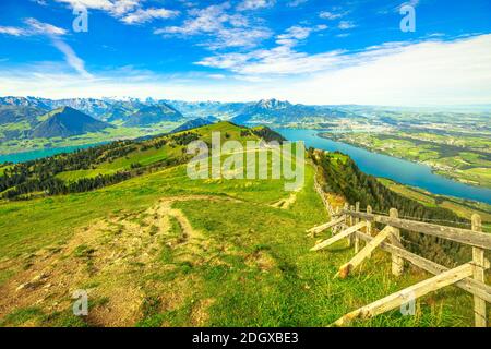 Panoramic views along hiking trail around Rigi-Kulm from Rigi-First the station of highest peak on Mount Rigi over 13 lakes and peaks of the Swiss Stock Photo