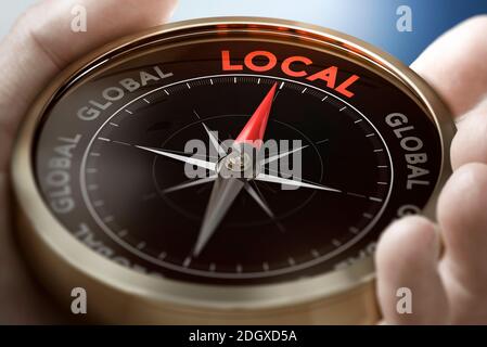 Hand holding a compass with needle pointing the word local. Consumption concept. Composite image between a hand photography and a 3D background. Stock Photo