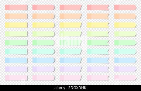 Pastel colored realistic sticky notes isolated. Set of vector paper bookmarks of different shapes - rectangle, arrow, flag. Collection of red, orange, Stock Vector