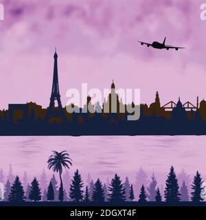 silhouette paris skyline city with cloud blue logo icon design template. Stock Vector