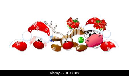 Santa Claus, deer and cow on a white background. Cartoon characters are dressed in a Santa hat and decorated with Christmas decorations. Stock Vector