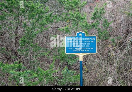 NY State Historical road sign, Town of Southampton, First Church, Sagaponack, NY Stock Photo