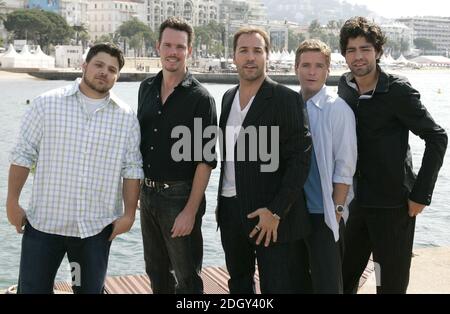 (From left to right) Jerry Ferrera, Kevin Dillon, Jeremy Piven, Kevin Connolly and Adrian Grenier at the photocall for TV show Entourage, held on the Majestic Hotel Beach on May 23, 2007. Part of the 60th Cannes Film Festival. Stock Photo