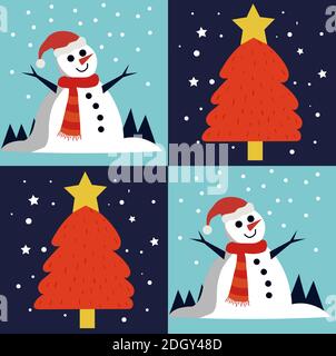 Christmas themed pattern of happy snowman and a pine tree with a star on top. Vector Stock Vector