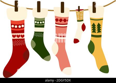Composition of woolen christmas themed socks hung with clothespin on a wire. Vector Stock Vector