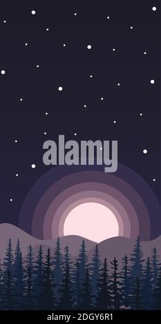 Composition of rising/setting moon, stars, mountains and forest. Vector Stock Vector