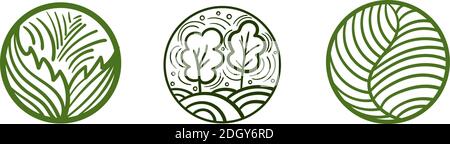 Set of abstract composed circles with leaves. trees, meadows. Geometrical shape compositions. Vector Stock Vector