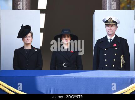 Sophie Countess of Wessex, The Duchess of Sussex and Sir Timothy Laurence attending the National Service of Remembrance at the Cenotaph, Whitehall, London. Photo credit should read: Doug Peters/EMPICS Stock Photo