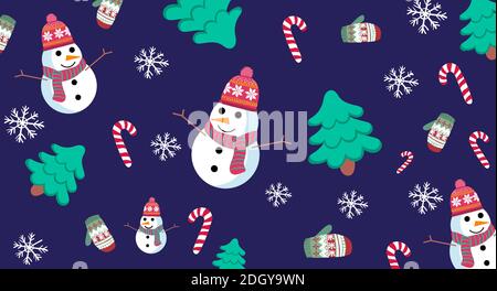 Christmas themed pattern with snowman, pine trees, snowflakes, gloves and candy canes. Vector Stock Vector