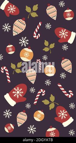 Christmas themed pattern of gloves, tree decorations, twigs with leaves, snowflakes and candy canes. Vector Stock Vector