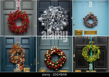 Composite of New Town Georgian townhouses panelled front doors with Christmas wreaths, Edinburgh, Scotland, UK Stock Photo