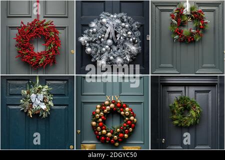 Composite of New Town Georgian townhouses panelled front doors with Christmas wreaths, Edinburgh, Scotland, UK Stock Photo