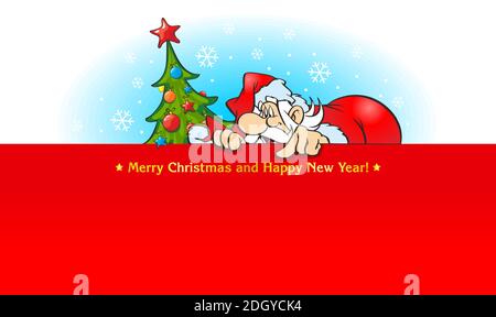 Fun Santa Claus shows on a red background to write your congratulations. Merry Christmas and Happy New Year! Festive postcard, flyer, leaflet. Illustr Stock Vector