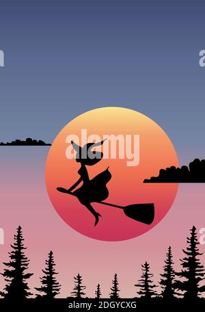 Witch riding a broom in front of haunted house in the woods ...