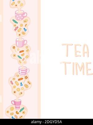 Color seamless border tea time. Template for card, poster, print. Stock Vector