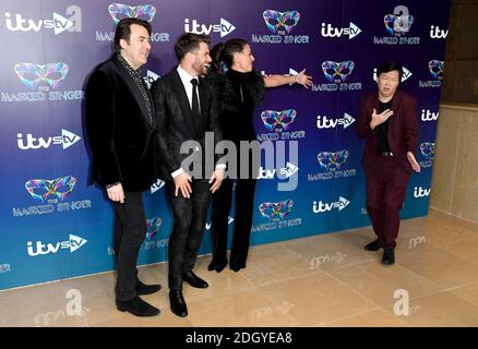 Jonathan Ross (left to right), Joel Dommett, Davina McCall and Ken Jeong attending The Masked Singer press launch at The Mayfair Hotel, London Stock Photo