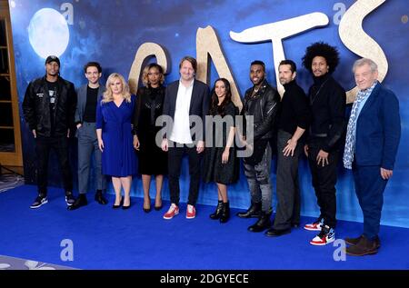 Larry Bourgeois (left to right), Laurie Davidson, Rebel Wilson, Jennifer Hudson, Tom Hooper, Francesca Hayward, Jason Derulo, Robbie Fairchild, Laurent Bourgeois and Sir Ian McKellen attending the Cats photocall at The Corinthia Hotel, London Stock Photo