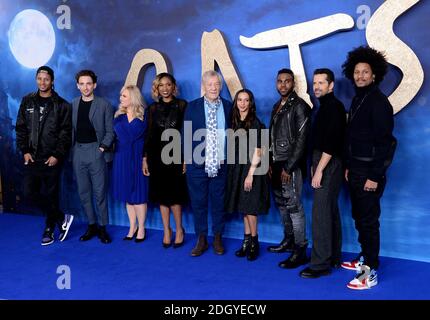 Larry Bourgeois (left to right), Laurie Davidson, Rebel Wilson, Jennifer Hudson, Sir Ian McKellen, Francesca Hayward, Jason Derulo, Robbie Fairchild and Laurent Bourgeois attending the Cats photocall at The Corinthia Hotel, London Stock Photo