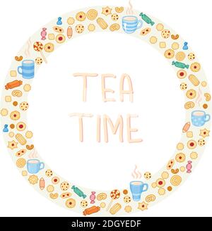 Color circle frame of tea and sweets. Stock Vector