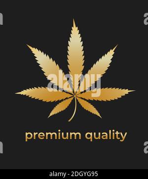 Cannabis or Marijuana golden leaf Vector Template with Premium Quality text. Isolated illustration on black background Stock Vector