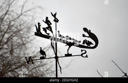 GV's of the village of Kintbury, near Hungerford, Berkshire - Curious weathervane, Wednesday 2nd December 2020. Stock Photo