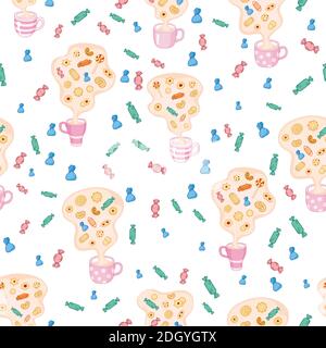 Color seamless pattern tea time and sweets Stock Vector