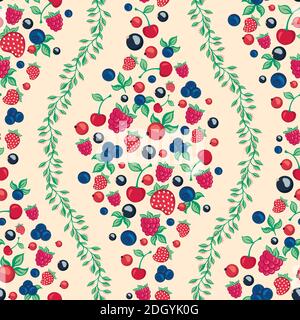 seamless pattern with berries and leaves on beige background. Stock Vector