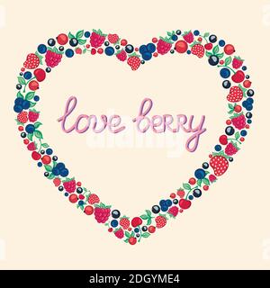frame in a heart shape from berries and leaves. Stock Vector