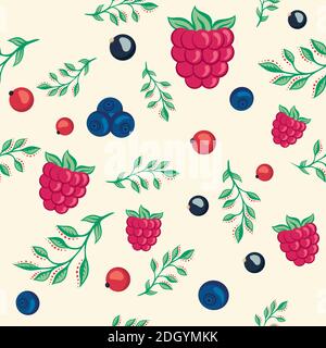 seamless pattern with berries and leaves on beige background. Stock Vector