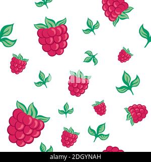 seamless pattern raspberries and leaves on a white background. Stock Vector