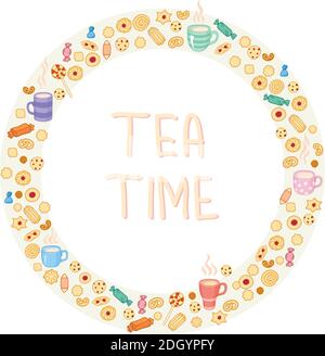 Color circle frame of tea and sweets. Stock Vector