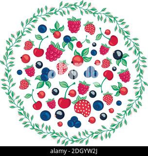 round frame with berries and leaves on a white background. Stock Vector