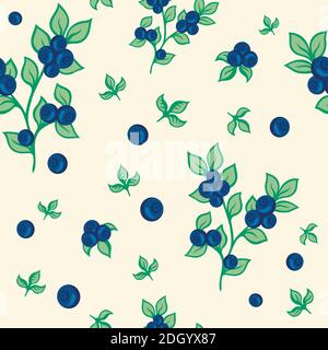 seamless pattern blueberries and leaves on beige background. Stock Vector