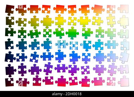 Puzzle pieces. Assorted rainbow gradient colored jigsaw puzzle pieces, but not put together yet - illustration on white background. Stock Photo