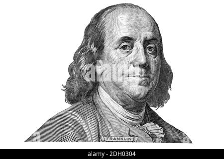 Benjamin Franklin cut from new 100 dollars banknote  on white background fragment Stock Photo