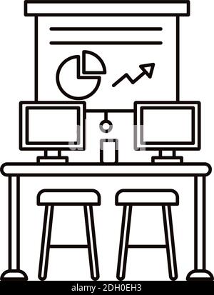 work place coworking with statistics and desktops line style icon vector illustration design Stock Vector