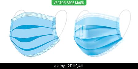 Surgical face mask, vector illustration. Set of the blue medical protective masks, in flat, and 3D graphic style, isolated on white. Coronavirus protection mask with earloop, in a three-quarters view. Stock Vector