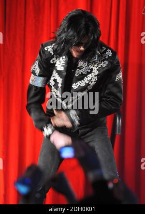 Michael Jackson announces plans for his last performances in London in July at the O2 Arena during a press conference held at the O2 Arena in Greenwich, London. Stock Photo