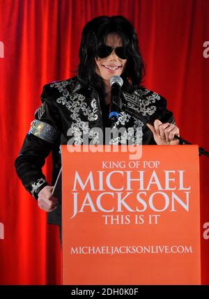 Michael Jackson announces plans for his last performances in London in July at the O2 Arena during a press conference held at the O2 Arena in Greenwich, London. Stock Photo