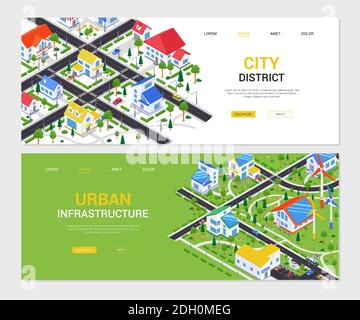 City district - set of colorful isometric web banners with copy space for text. Urban landscape with apartment houses, roads with cars, trees, solar p Stock Vector