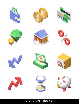 Business and finance - modern isometric icons set. Financial services, money saving idea. Colorful images of a wallet, coins, credit cards, crystals, Stock Photo