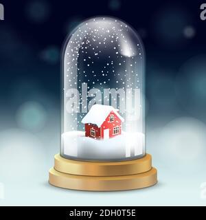 Realistic crystal ball or tall flask with snow inside and red cozy little house - symbol of Christmas, vector. Stock Vector