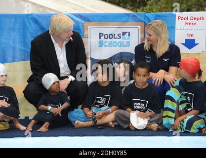 Mayor Boris Johnson and Rebecca Adlington at the the British Gas Pools 4 Schools launch, promoting their mobile pools that will be going around the Country, Southbank, London. Stock Photo