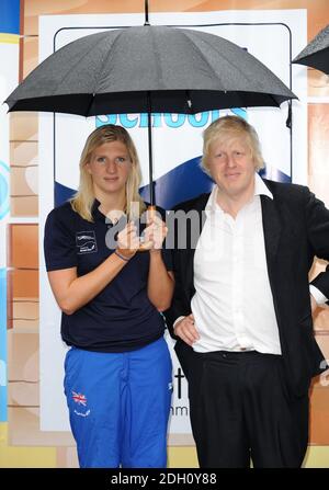 Mayor Boris Johnson and Rebecca Adlington at the the British Gas Pools 4 Schools launch, promoting their mobile pools that will be going around the Country, Southbank, London. Stock Photo