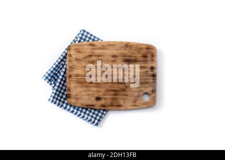 Cutting board mockup and blue tablecloth on wooden table Stock Photo